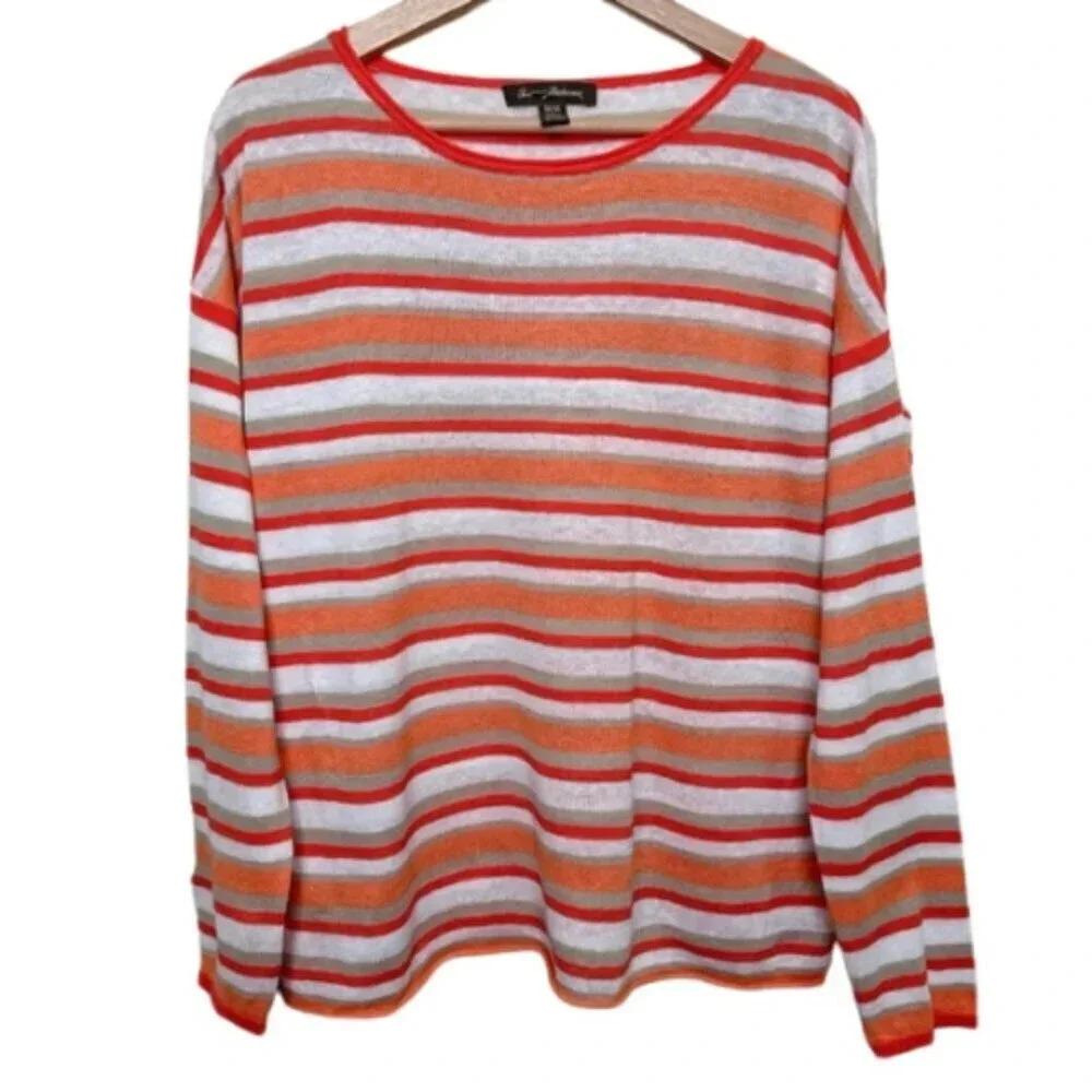 Tommy Bahama Womens Medium Linen Orange Stripe Long Sleeve Top